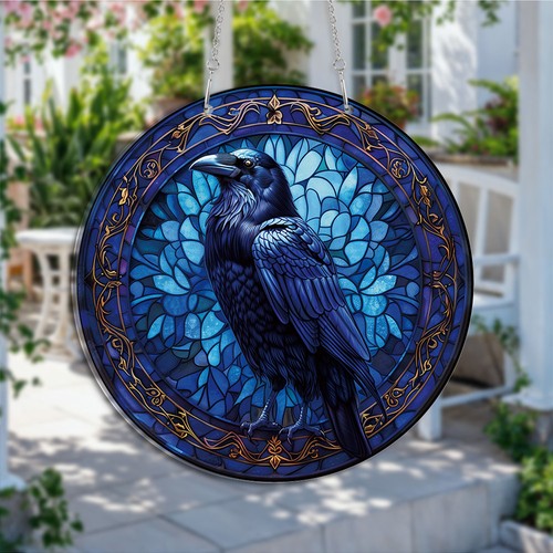 Blue raven suncatcher - raven, stained