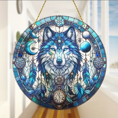 Snow wolf suncatcher stained - suncatcher,